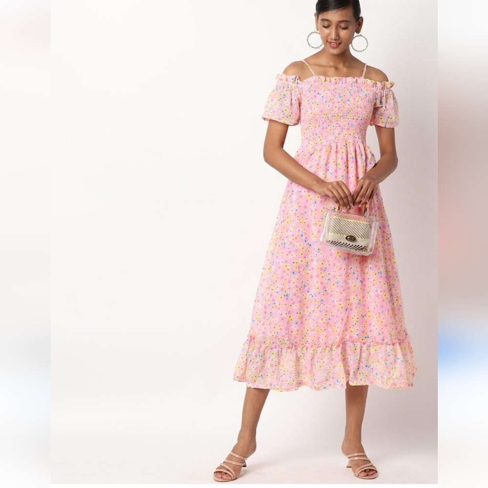 Pink Coquette Cottagecore Floral Off Shoulder Empire Waist Dress Ruffled Hem